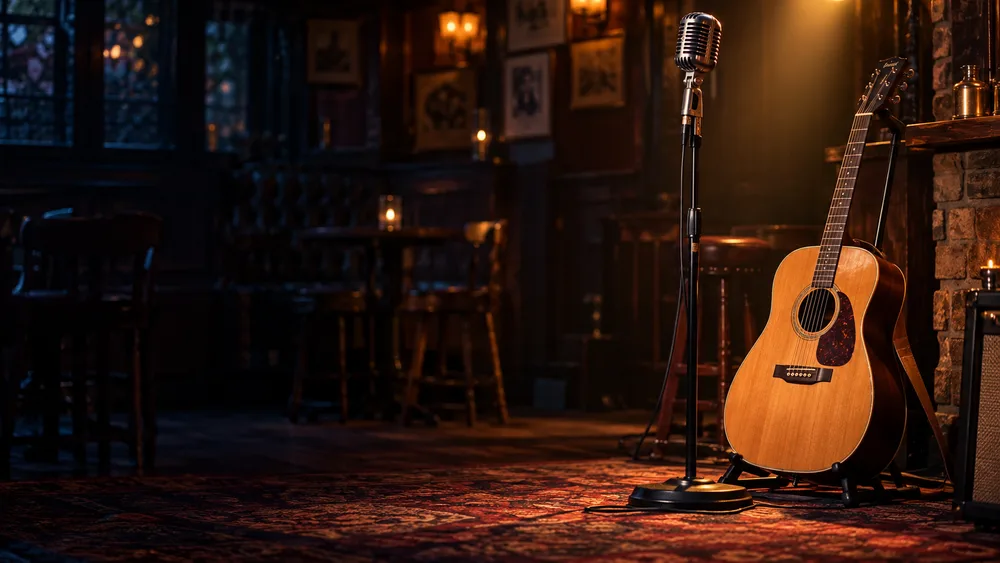 An acoustic guitar and microphone ready for a live music night